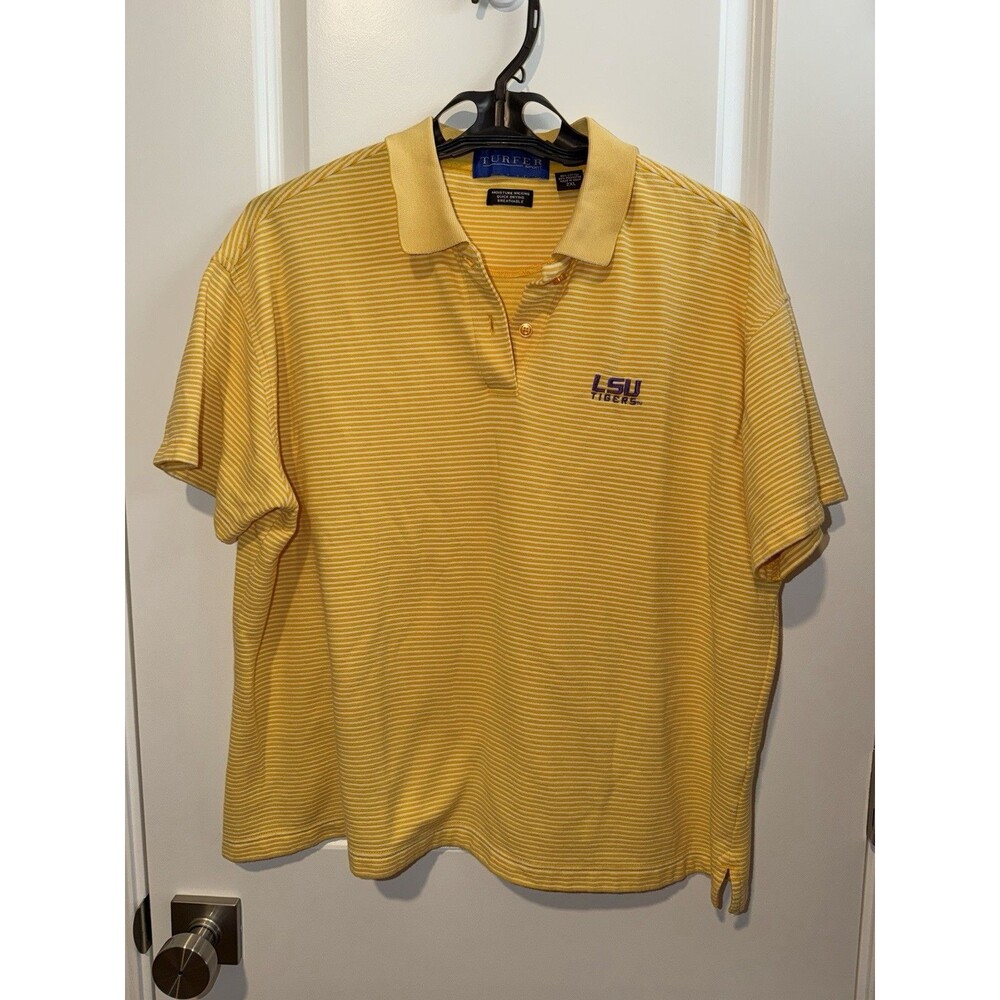 LSU Tigers Turfer Sport 2XL Gold White Striped Polo Shirt Purple Logo